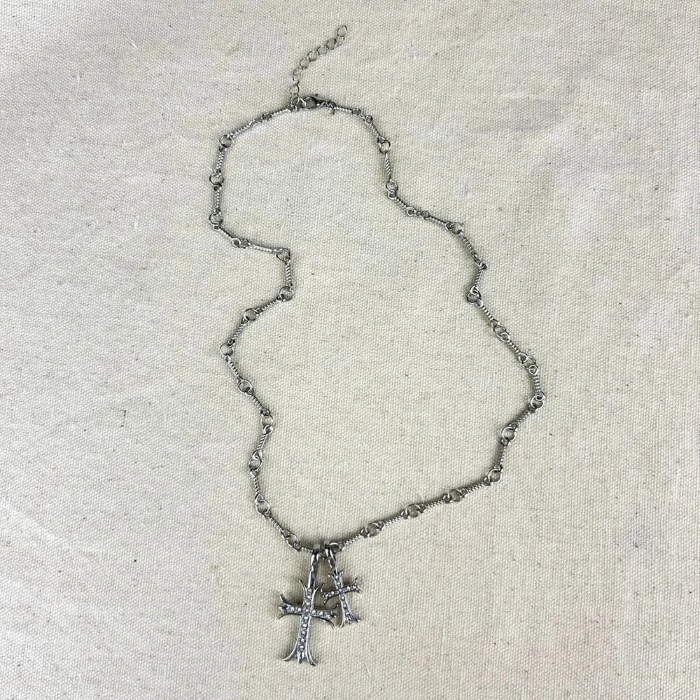 Vintage Y2K silver double cross opium style necklace diamond chain